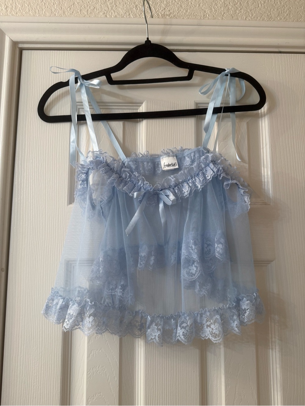 Fredericks of Hollywood Sheer Ruffle Tie-Shoulder Cami Top - Light Blue
